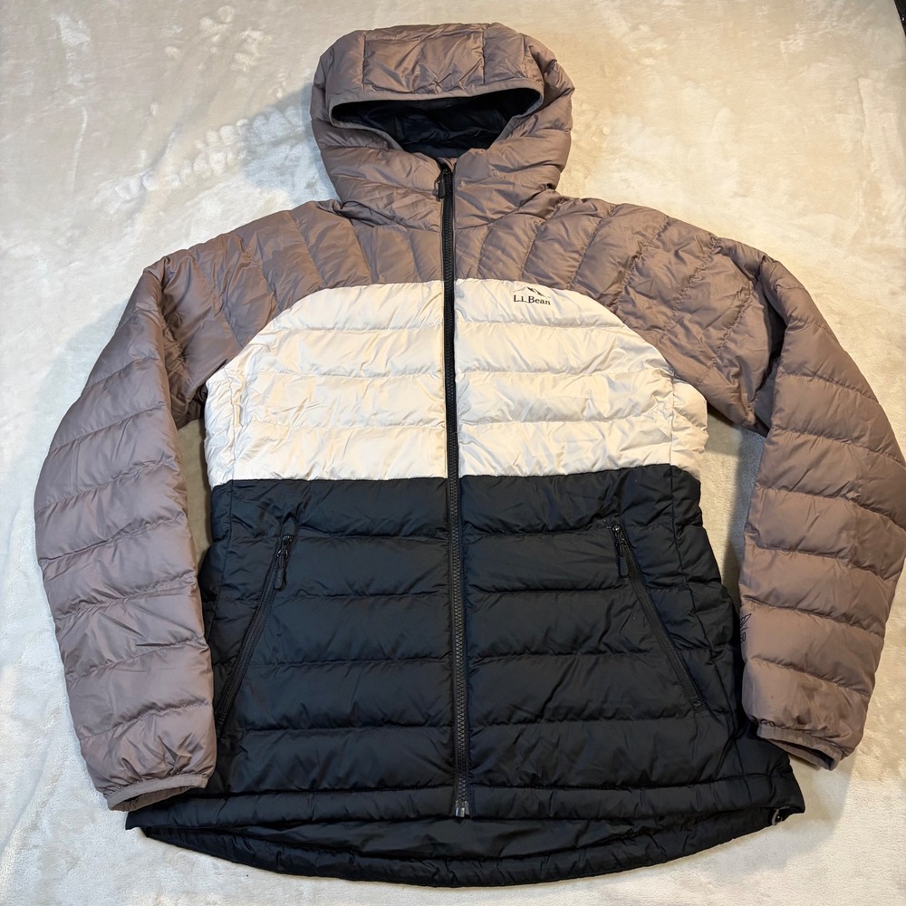 LL Bean Womens 650 DownTek Hooded Puffer Jacket Colorblock Brown Black M 515706